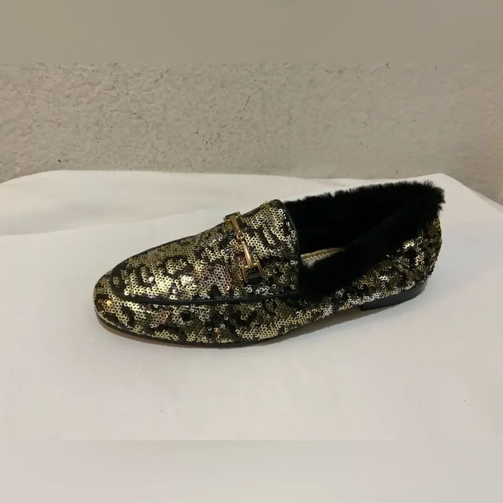 Sam Edelman Size 9 Metallic Sequin with Fur Loraine Slip Flat Loafers
